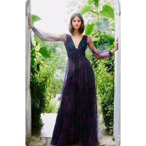 Marchesa Notte V-Neck Floral Tulle Long Sleeve Dress Size 16